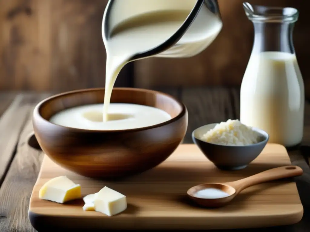 Preparación queso casero - Corteza de madera, tazón de leche vaporosa, cultivos lácteos, proceso artesanal