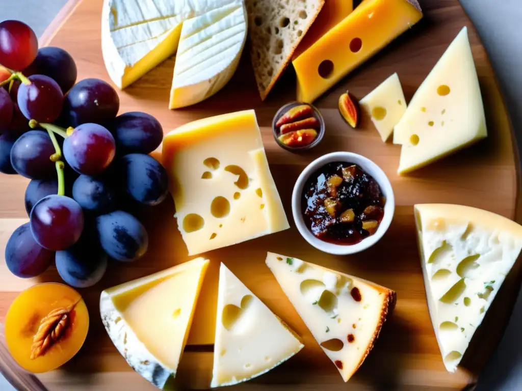 Tabla de queso casero para la supervivencia: variedad de quesos, pan artesanal, uvas y mermelada de higo