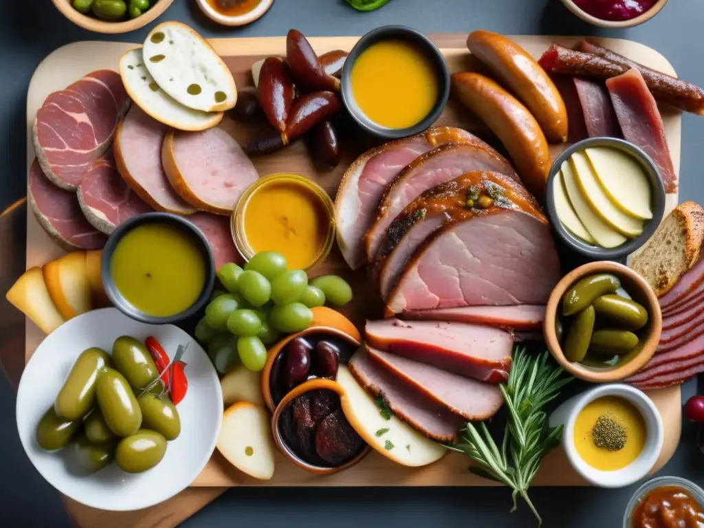 Técnicas de conservación de carne casera en una exquisita tabla de embutidos ahumados y condimentos