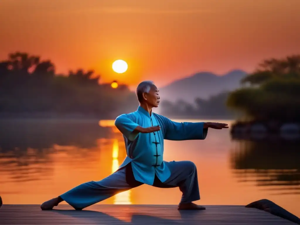 Tai Chi al atardecer: movimiento grácil y sereno en un entorno natural junto a un lago tranquilo, reflejando los colores del atardecer