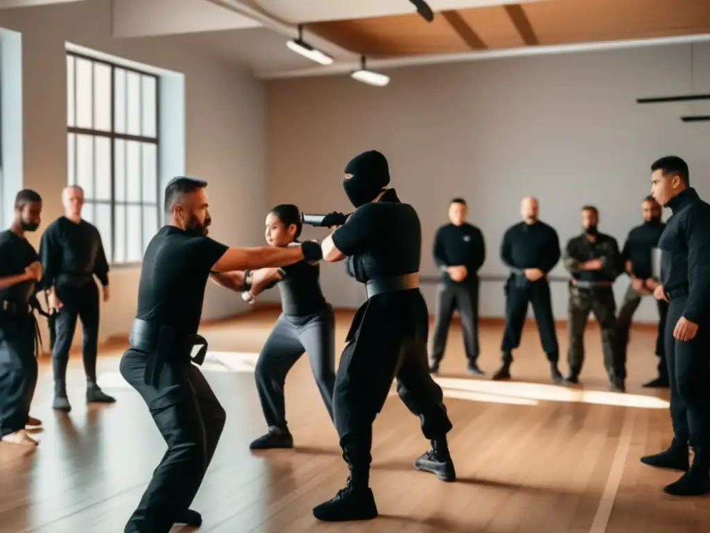 Armamento improvisado para defensa personal con instructor y participantes practicando técnicas defensivas con diferentes tipos de armas