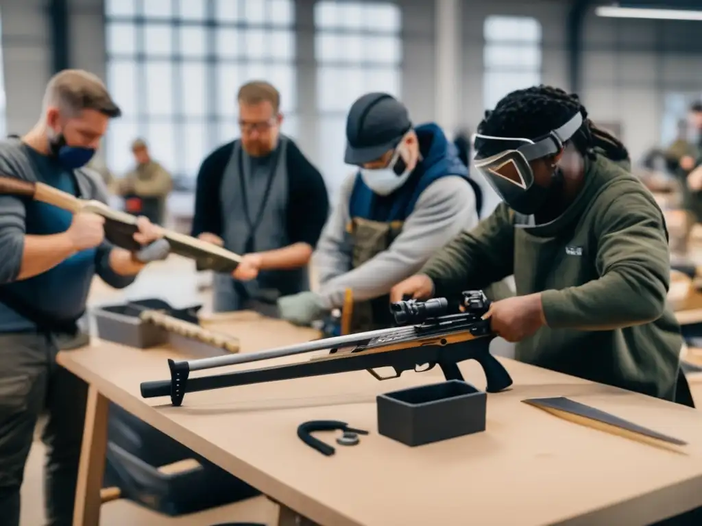 Construcción de armas de supervivencia en taller profesional con participantes protegidos y concentrados en sus tareas