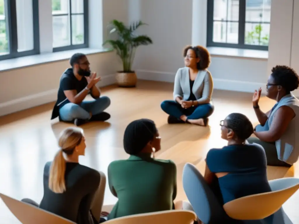 Técnicas persuasivas para preppers: grupo diverso en taller de comunicación con facilitador y pizarrón