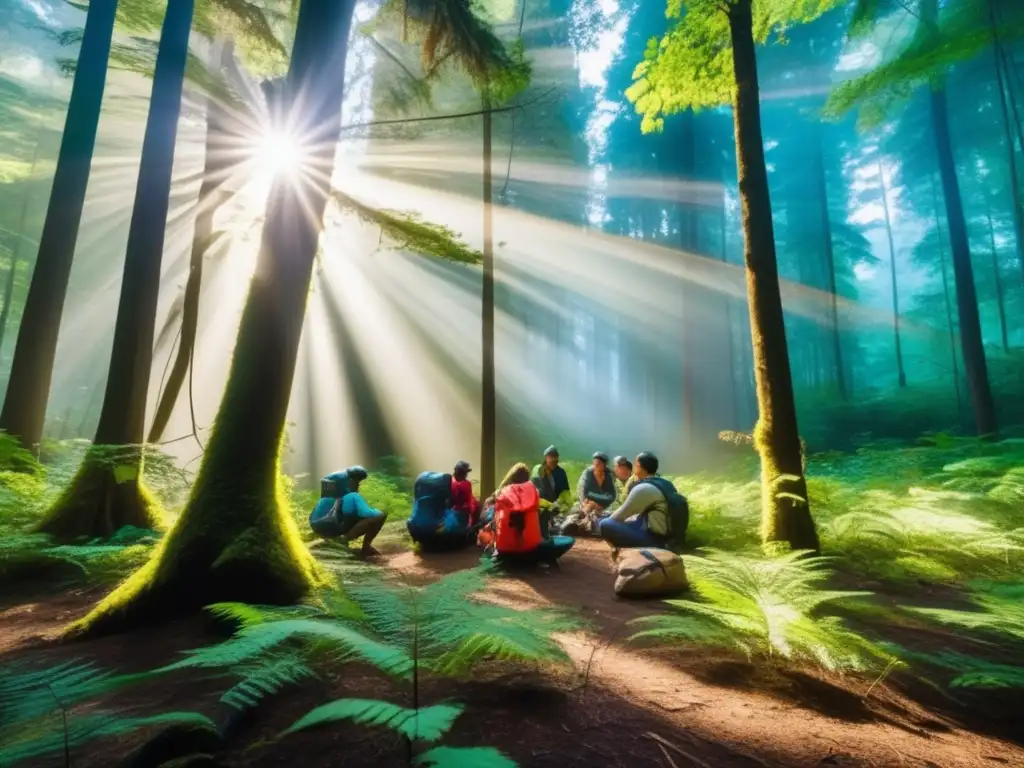 Taller supervivencia en la naturaleza: Bosque exuberante, árboles majestuosos, rayos de luz, construcción de refugio, aprendizaje y coexistencia