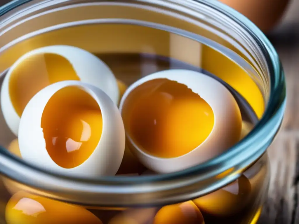 Conservación de huevos para emergencias: Jarra transparente con huevos dorados perfectamente preservados y dispuestos en un moderno mostrador