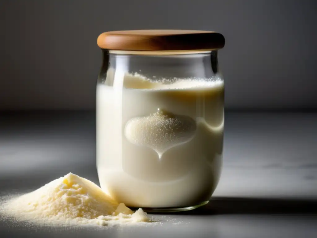 Beneficios de la leche en polvo casera: jarra de vidrio transparente con leche en polvo cremosa y etiqueta moderna