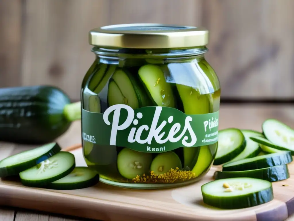 Técnica de encurtido casero de vegetales con pickles verdes vibrantes en tarro de vidrio sobre tabla de cortar