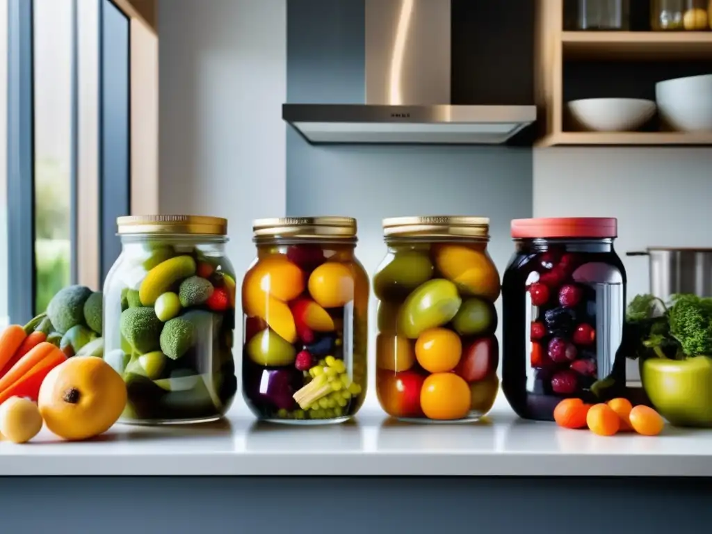 Conservación alimentos tarros vidrio: frutas y verduras vibrantes y frescas en un tarro de vidrio transparente y limpio en una cocina moderna