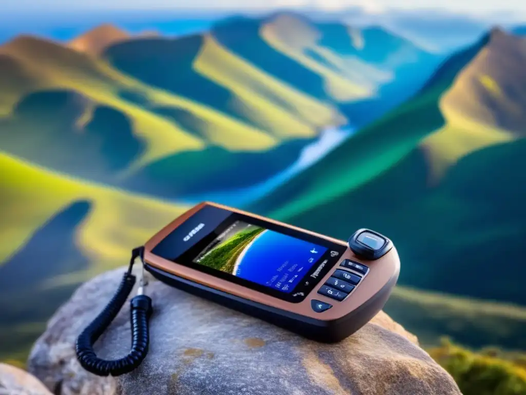 Teléfono satelital en un acantilado con vista panorámica de montañas