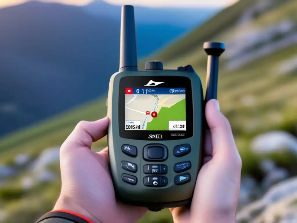 Teléfono satelital en entorno outdoor, compacto y resistente, con pantalla de alta resolución y mapa GPS