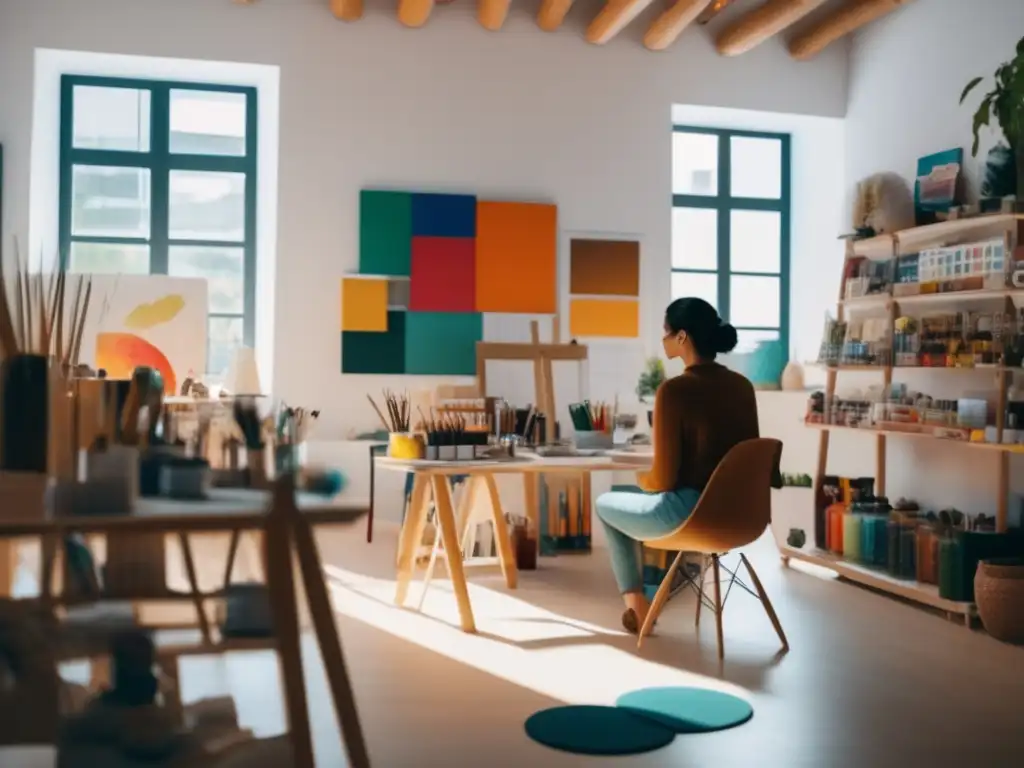 Persona en estudio de arte, terapia creativa Terapia arte: estudio luminoso, creatividad y paz