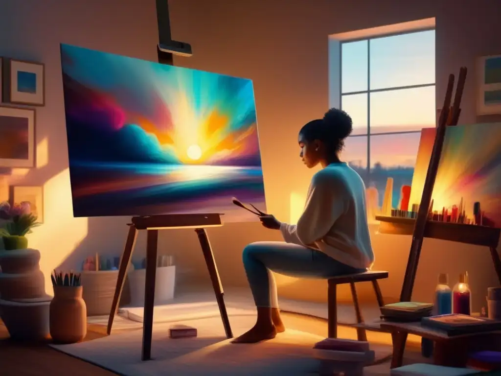Persona creando arte en una habitación iluminada Persona en sala iluminada rodeada de materiales de arte, pintando en un lienzo