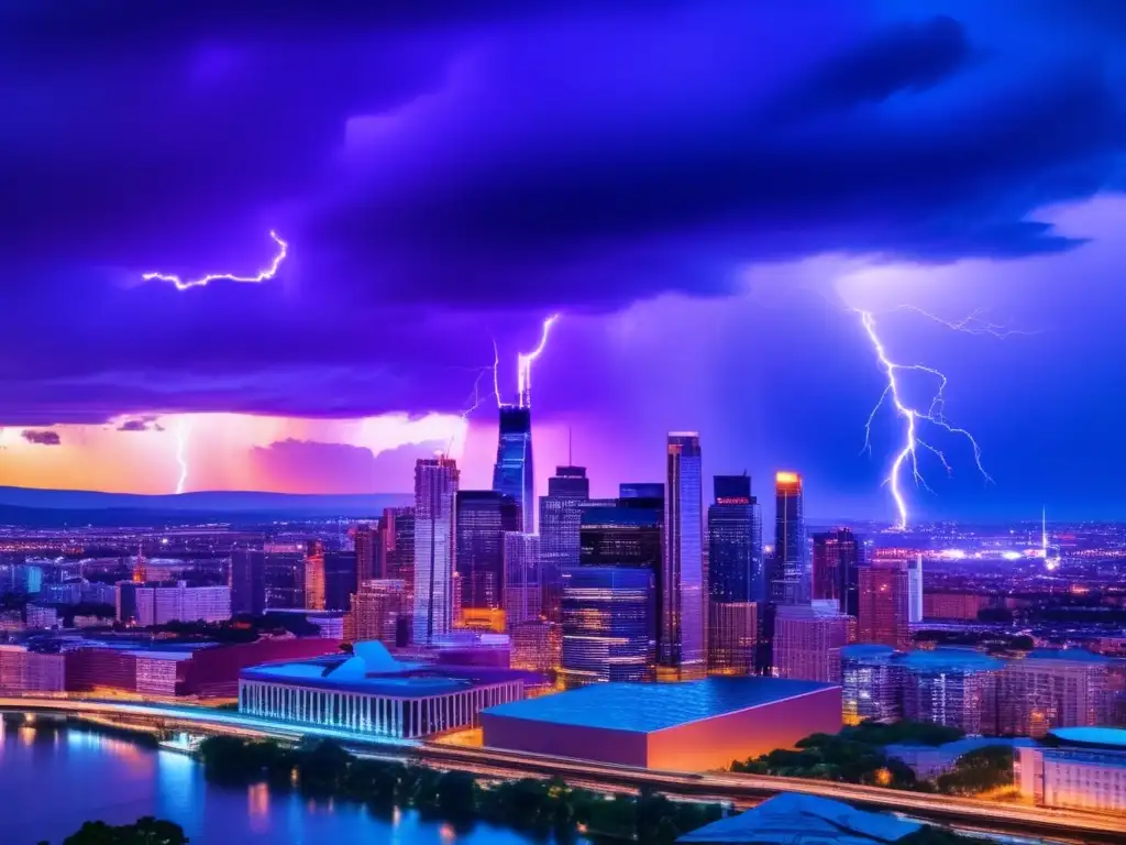 Cambio climático: redefiniendo reglas supervivencia en ciudad con tormenta y rascacielos bajo cielo morado y naranja iluminado por rayos