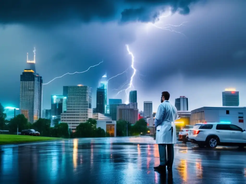 Preparación médica para desastres climáticos en una ciudad moderna durante tormenta intensa