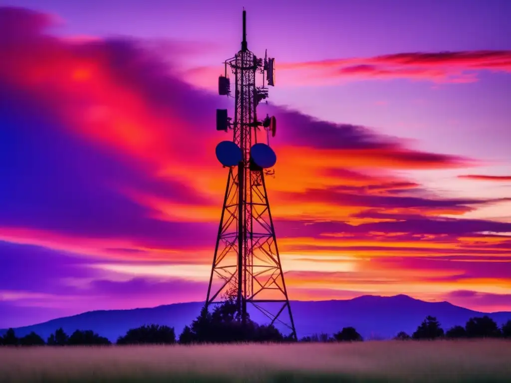 Comunicación en crisis: radio VS satélite - Torre de comunicación frente a un atardecer ardiente, rodeada de hierba y nubes tormentosas