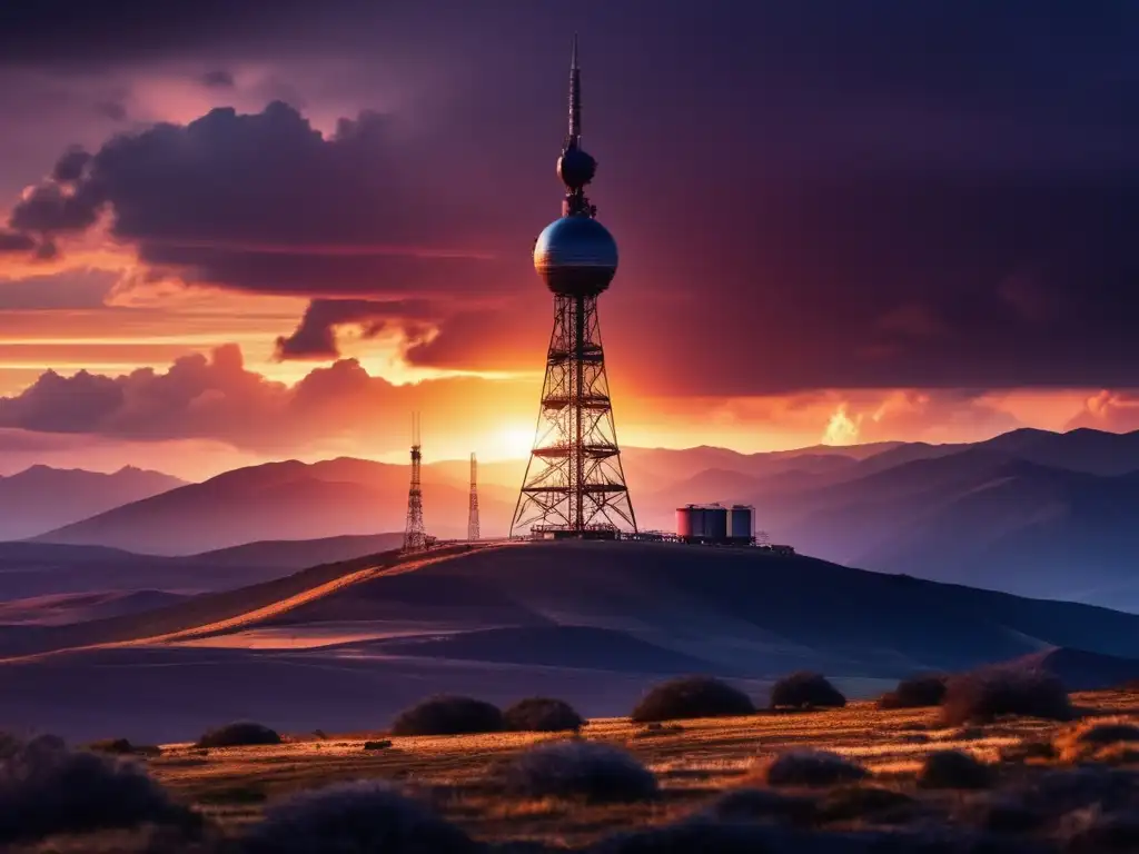 Importancia radios onda corta emergencias: torre comunicación 8k en paisaje adverso con nubes y atardecer