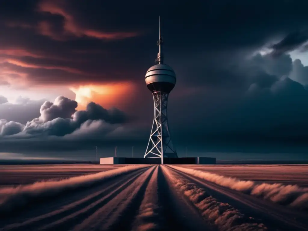 Configuración radio bidireccional apocalipsis: torre futurista en paisaje desolado, comunicación y supervivencia