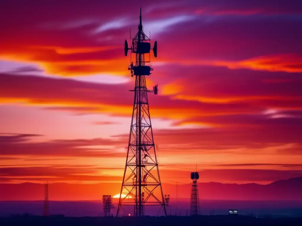 Torre de radio moderna en un atardecer vibrante, simbolizando la fiabilidad y tecnología avanzada de la radio de onda corta para emergencias