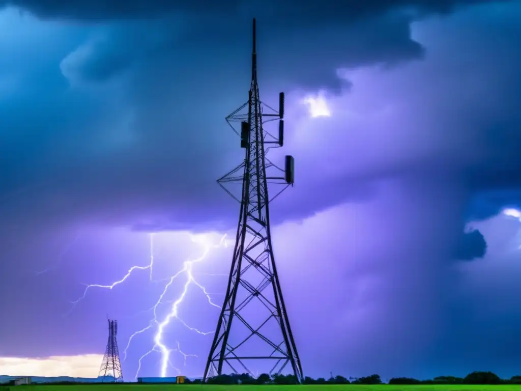 Impacto clima en comunicaciones de emergencia: Torre telecomunicaciones moderna, cielo tormentoso, rayos y lluvia