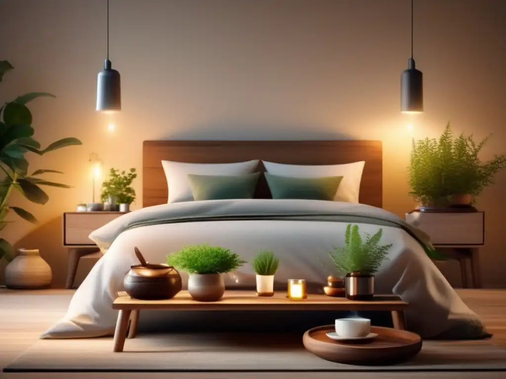 Dormitorio sereno con iluminación cálida y elementos naturales como plantas y mesa de noche de madera