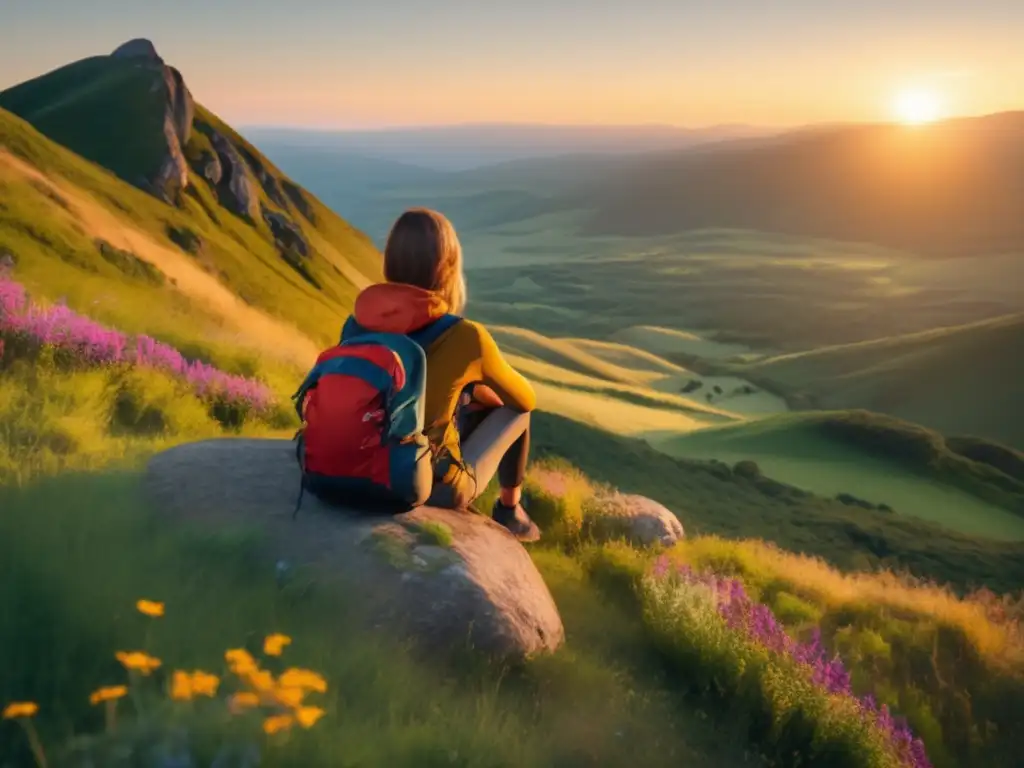 Persona solitaria en majestuosas montañas, rodeada de naturaleza exuberante y flores silvestres