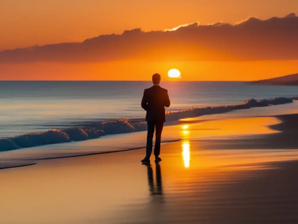 Paisaje de atardecer en el mar con figura en la playa, simbolizando preparación financiera para la jubilación