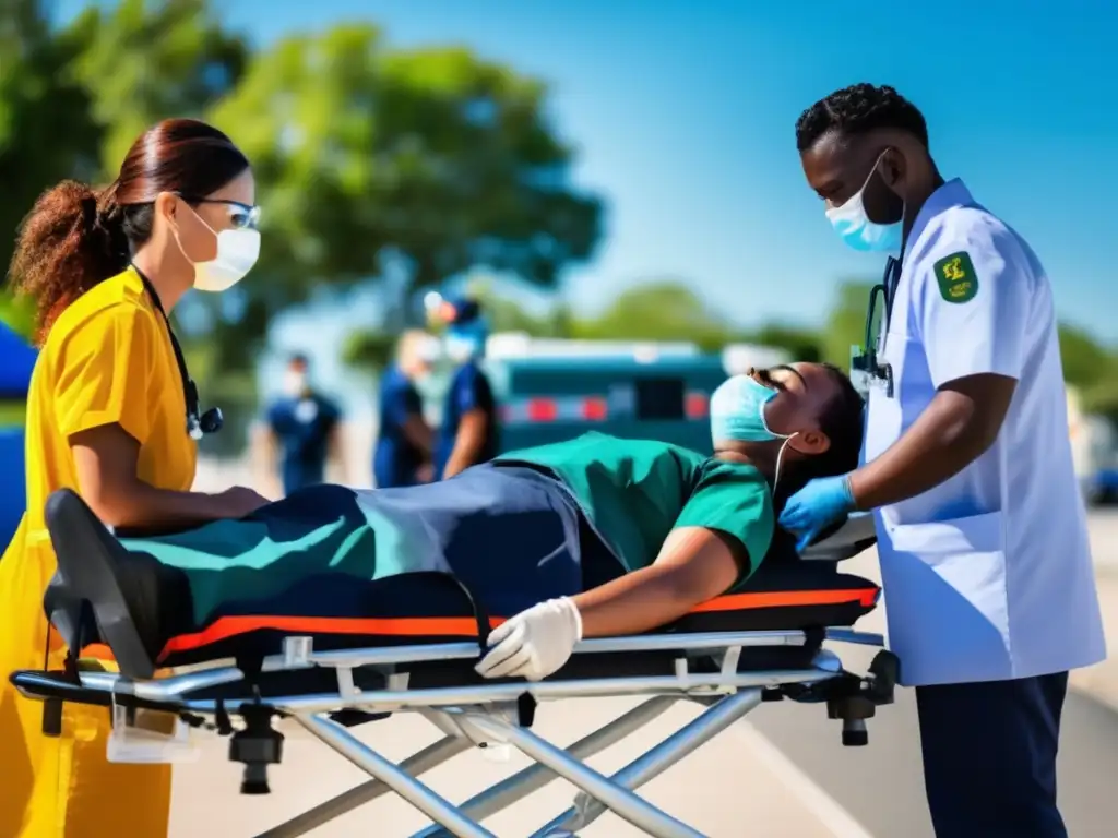 Tratamiento agotamiento calor emergencia, paramédico atendiendo a paciente en camilla, día soleado con cielo azul, intervención médica urgente