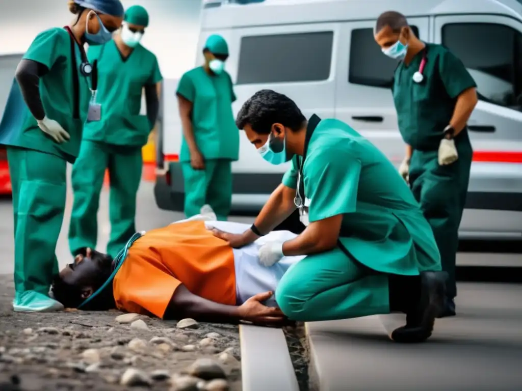 Tratamiento fracturas y esguinces en desastres - Médico atendiendo paciente con fractura en entorno desolado