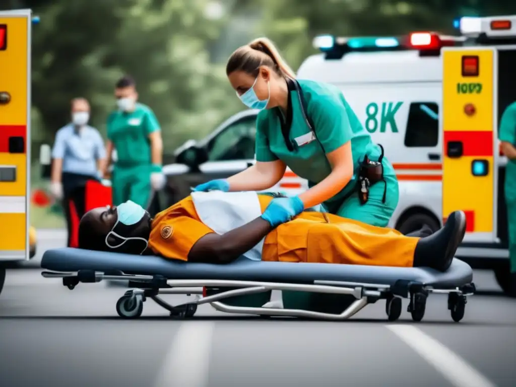 Tratamiento agotamiento calor emergencia: Paramédico atendiendo a paciente en ambulancia moderna con equipo médico