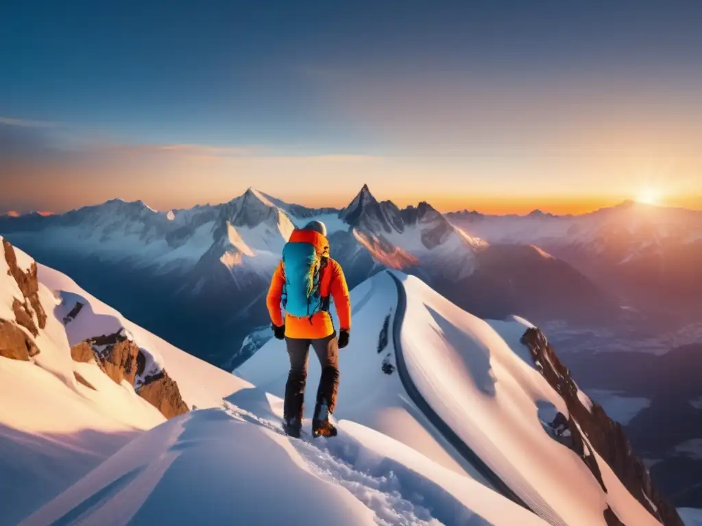 Montañero triunfante en cumbre nevada, con cielo claro y vibrante amanecer dorado sobre majestuosa cordillera