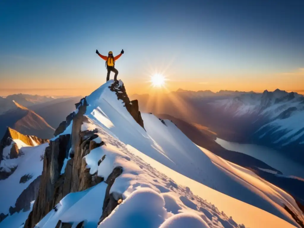 Mountaineer triunfante en cima nevada con motivación y determinación - Técnicas motivación supervivencia efectivas