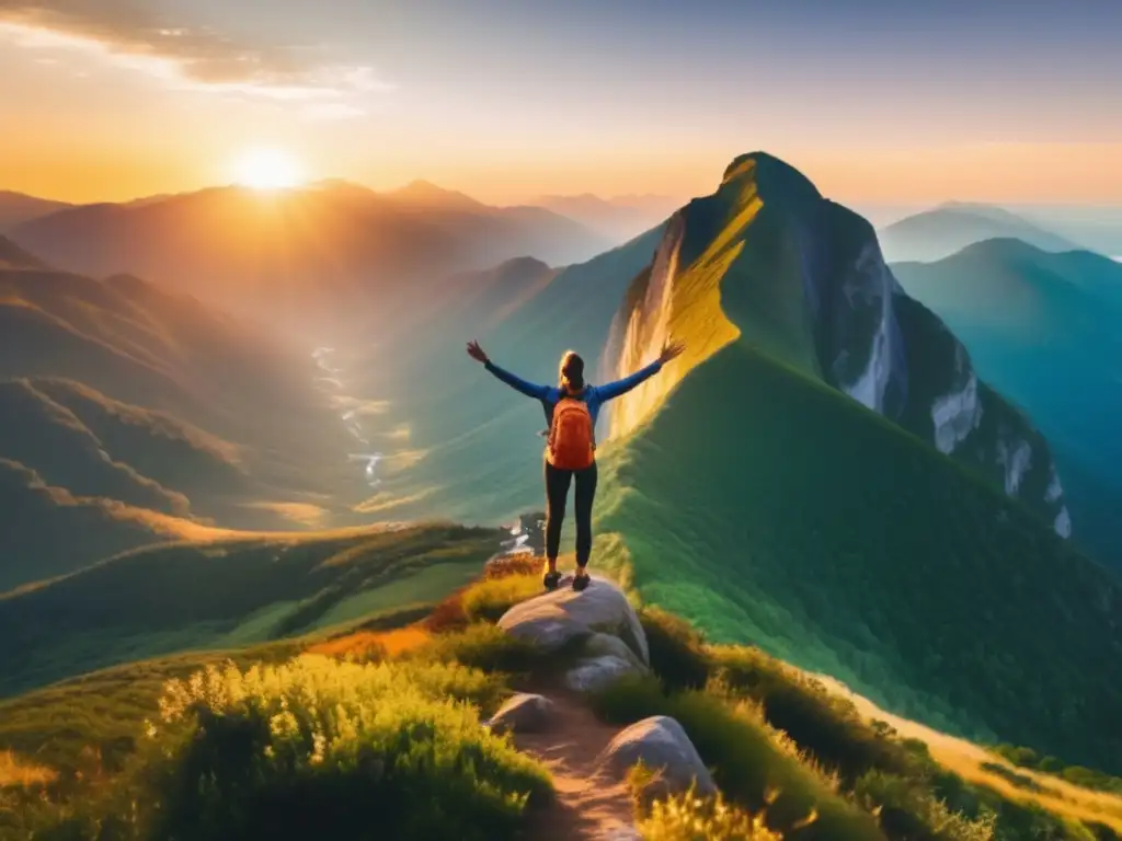 Persona triunfante en la cima de una montaña, rodeada de un paisaje sereno al amanecer