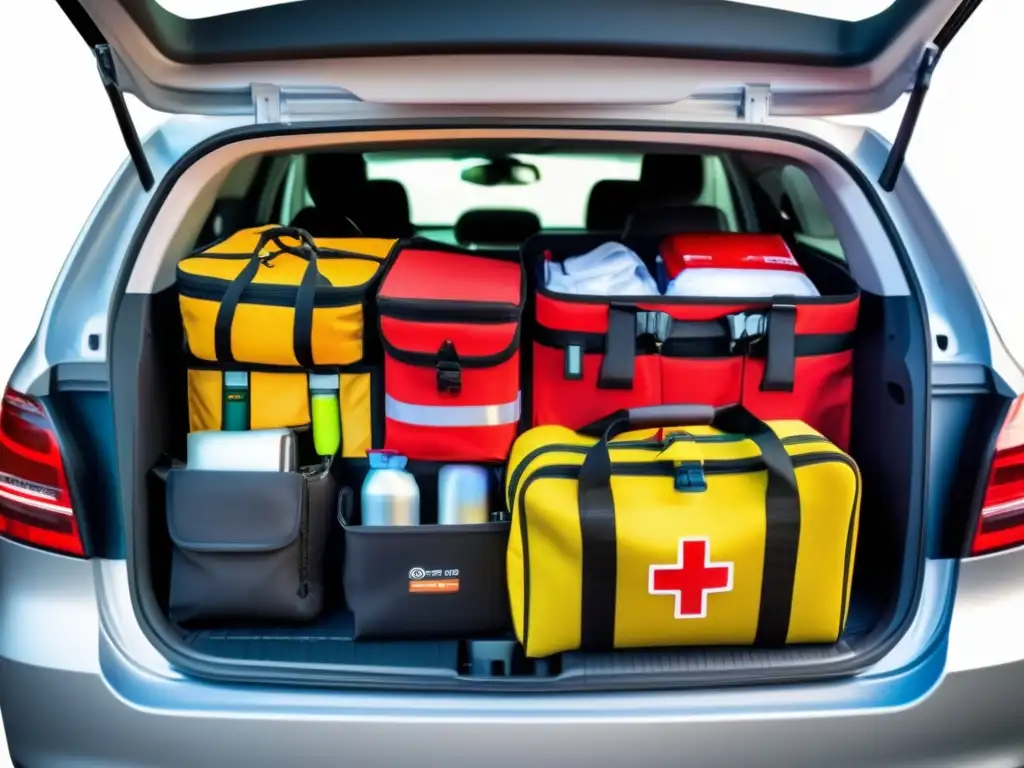 Kit de emergencia vehículo: equipamiento completo en el maletero de un coche moderno con elementos esenciales para emergencias