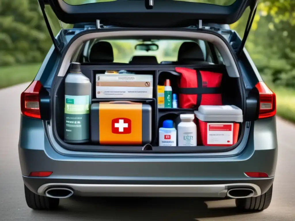 Kit de emergencia organizado para viajar con niños Kit de emergencia para viajar con niños: Tronco de auto con elementos esenciales organizados y etiquetados