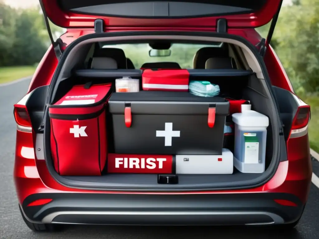 Kit de emergencia para carretera en un maletero de coche organizado y espacioso con elementos esenciales visibles