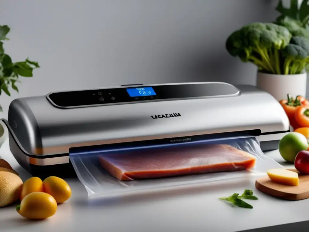 Máquina selladora al vacío en acción Sellador al vacío para alimentos: máquina moderna en acción, sellando alimentos frescos y carnes en bolsas al vacío