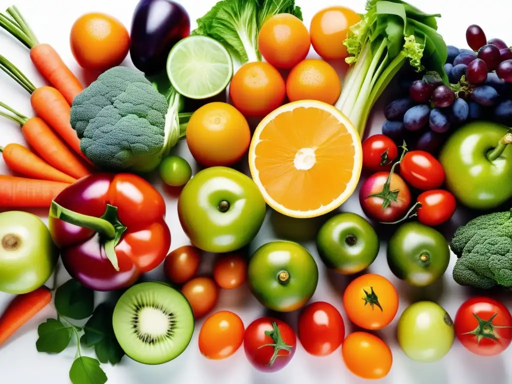 Variedad de frutas y verduras frescas en fondo blanco - Seguridad alimentaria durante emergencia agua