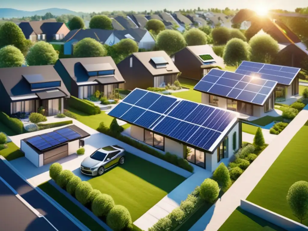 Ventajas de sistemas seguridad energía solar en una imagen de vecindario suburbano con paneles solares y eficiencia