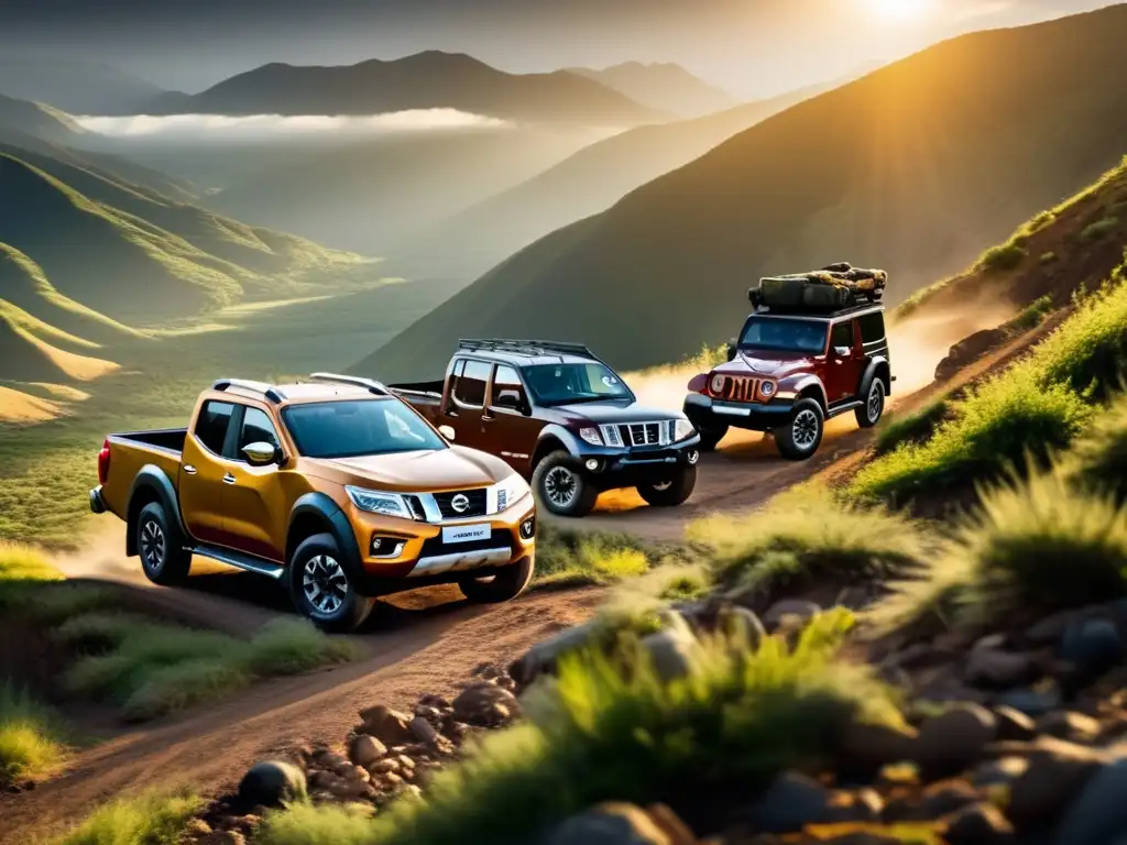 Guía camionetas terrenos difíciles: Nissan Frontier, Mitsubishi L200, Jeep Wrangler conquistando paisaje montañoso desafiante