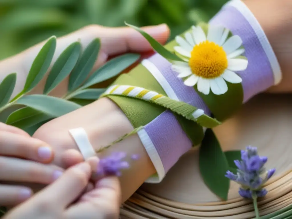 Vendas medicinales con plantas caseras: Envoltura precisa y vibrante de una venda en una muñeca lesionada con plantas medicinales