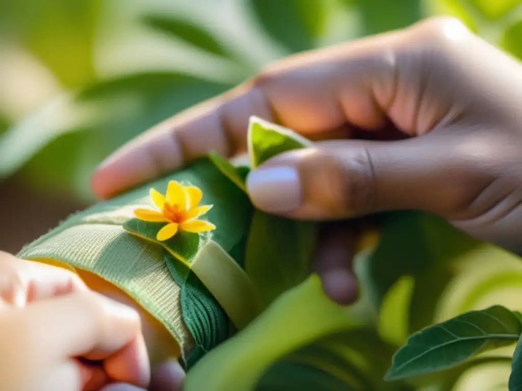 Vendas medicinales con plantas caseras aplicadas en un brazo herido