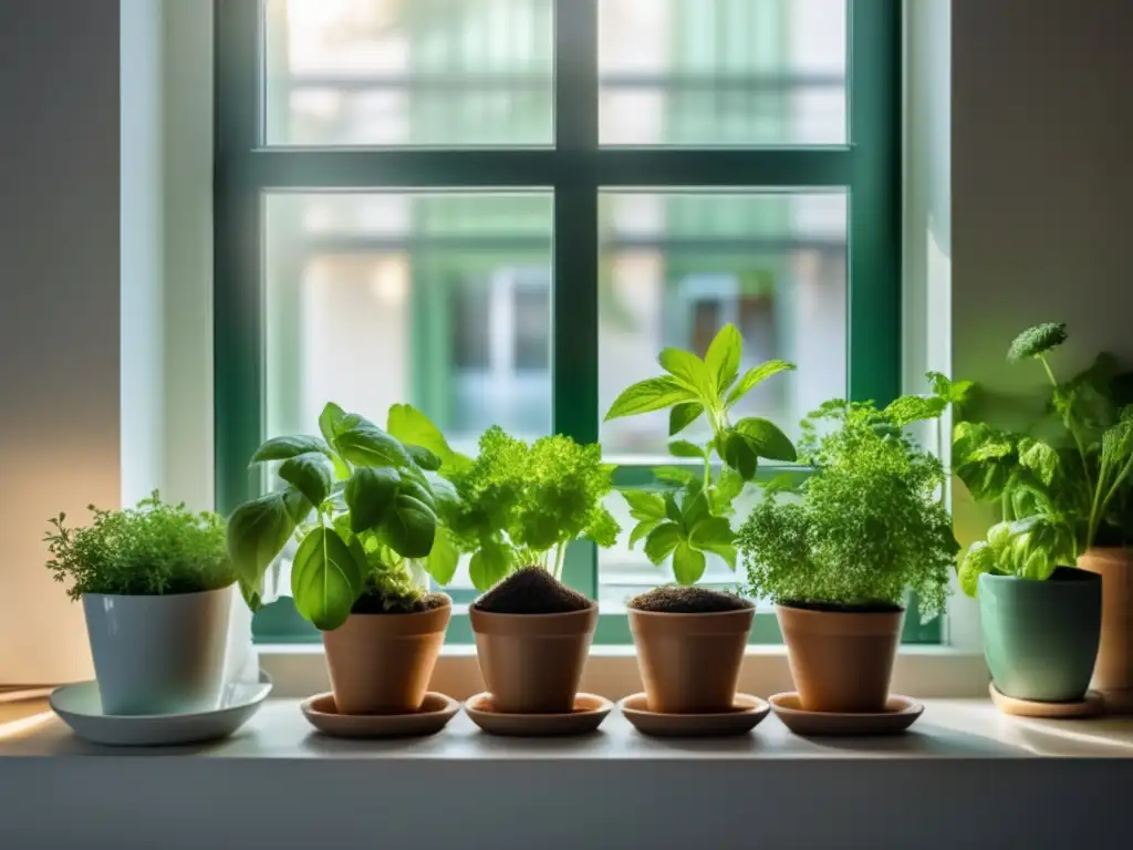 Cultivo de hierbas culinarias en ventana con luz solar