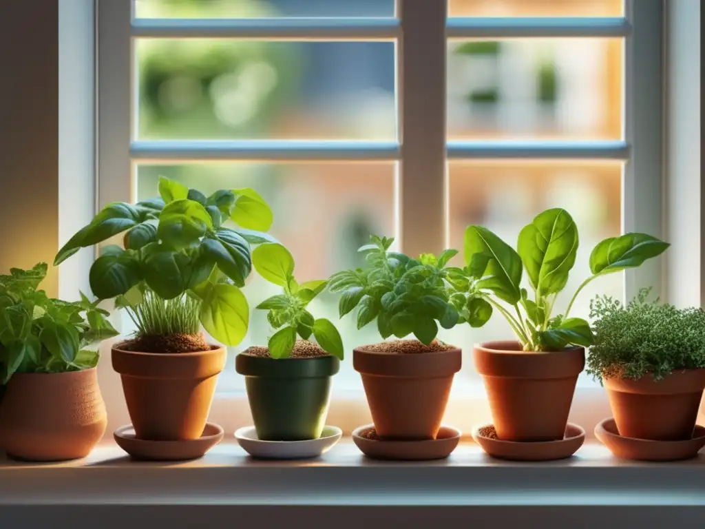 Cultivo de hierbas culinarias en ventana, escena fresca y vibrante con terracota, luz solar y cortina blanca