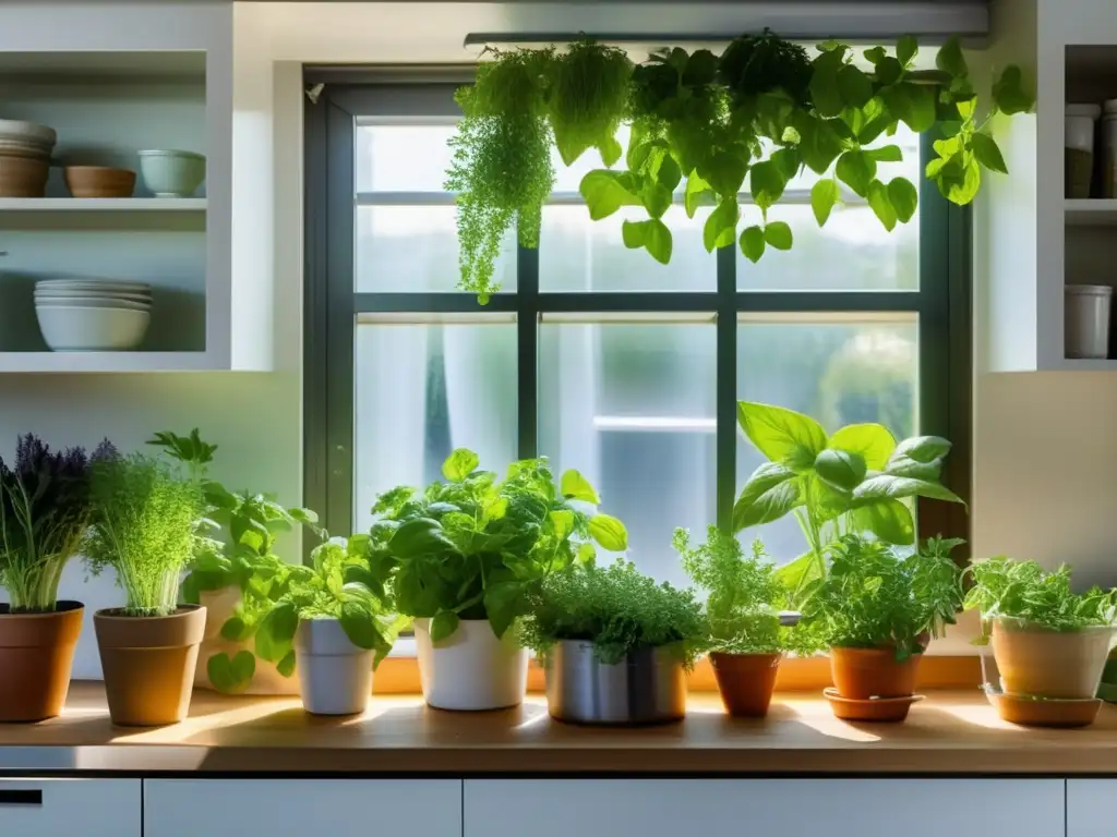 Cultivo de hierbas culinarias en ventana con moderno estilo y vibrante verdor