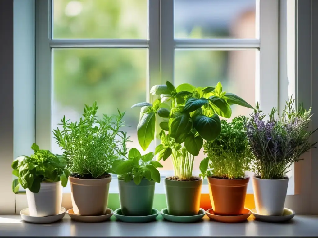 Cultivo de hierbas culinarias en ventana vibrante y saludable, sin plagas ni enfermedades