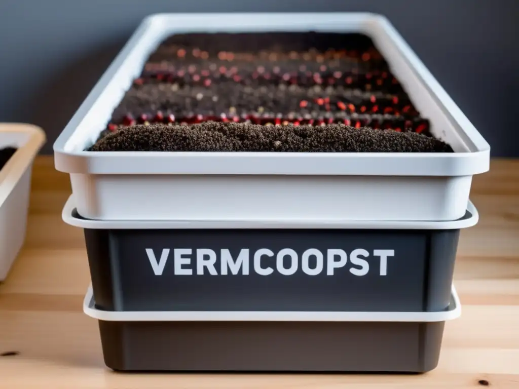 Beneficios del vermicompostaje en casa: contenedor moderno con sustrato, temperatura y humedad controlados, manos añadiendo restos de comida