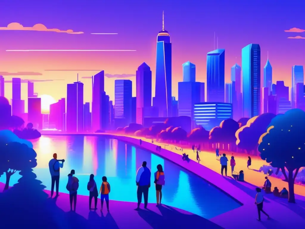 Ciudad moderna al atardecer con rascacielos luminosos en tonos azul, morado y dorado