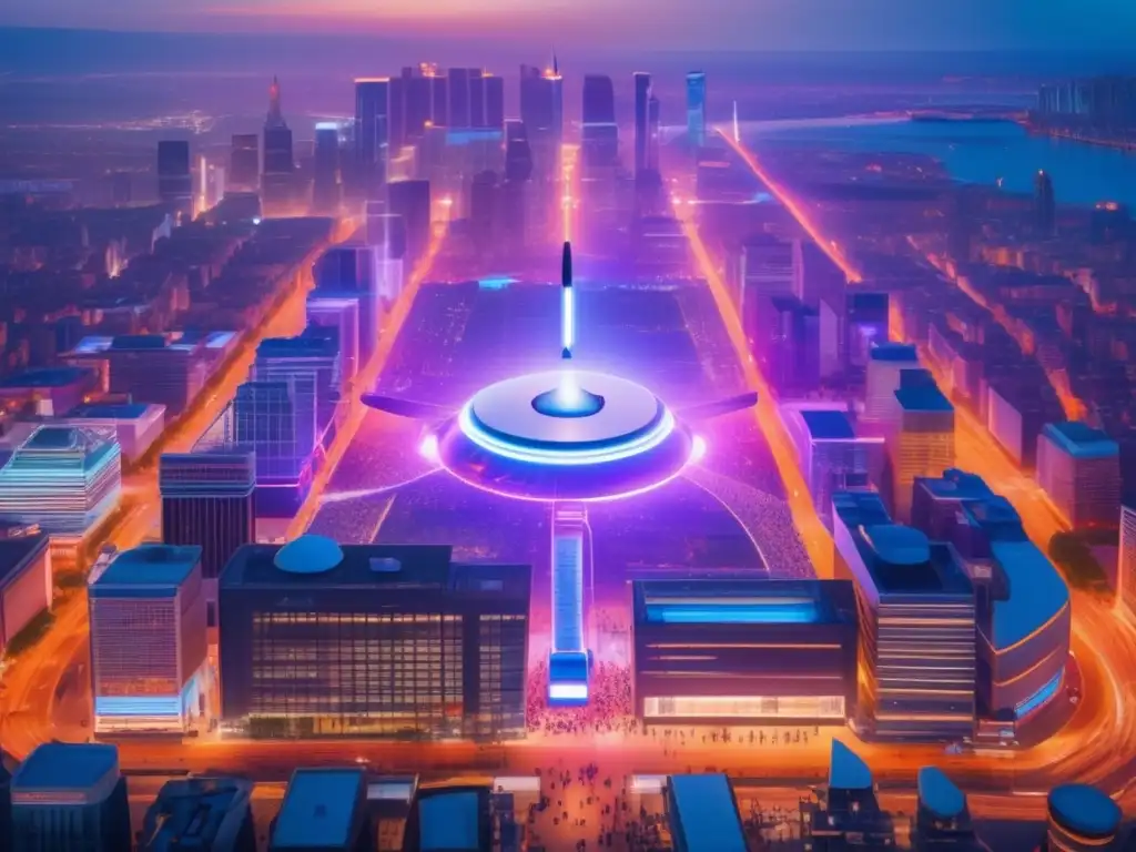 Drones de vigilancia en la sociedad: imagen 8k muestra una ciudad vibrante, con multitud reunida en plaza pública