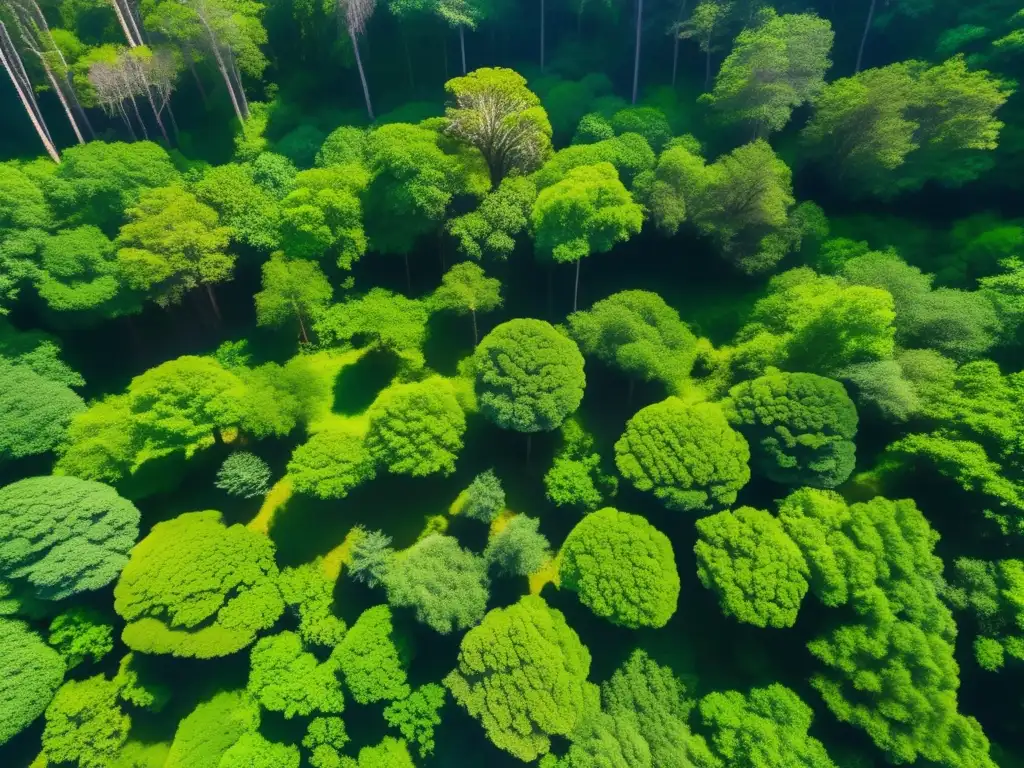 Vista aérea impresionante de un denso bosque verde, lleno de detalles y misterio