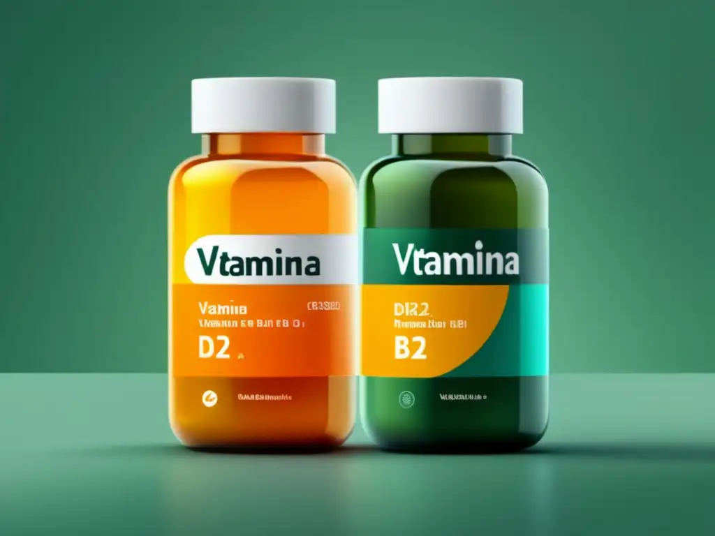 Importancia de suplementos vitamínicos para la supervivencia: botella de píldoras minimalista con vitaminas C, D y B12